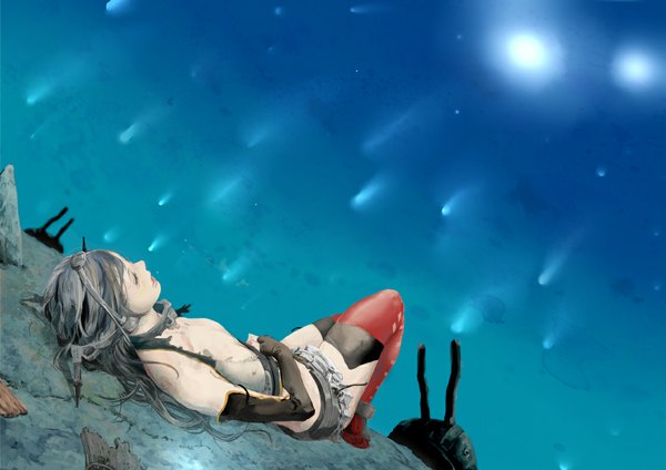 Anime picture 1131x800 with kantai collection nagato battleship 1ji45fun single long hair smile brown hair sky lying eyes closed night on back night sky torn clothes leg lift (legs lift) girl thighhighs gloves elbow gloves
