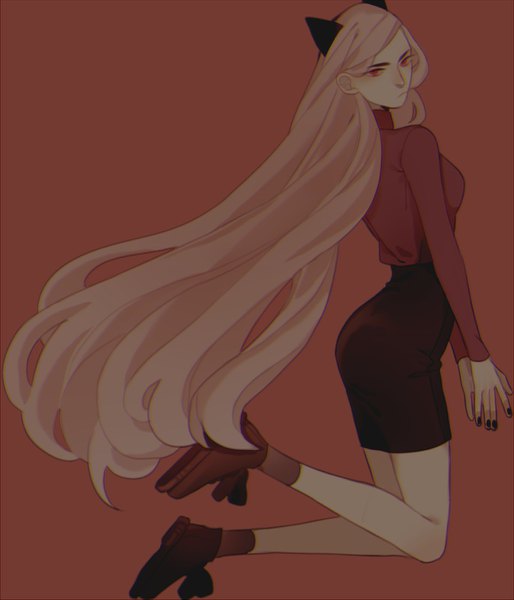 Anime picture 1200x1400 with lerapi single tall image blush breasts simple background blonde hair red eyes long sleeves very long hair nail polish fingernails kneeling girl skirt miniskirt boots