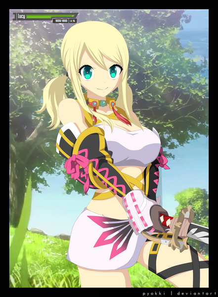 Anime picture 3975x5400 with fairy tail lucy heartfilia pyokkii single long hair tall image highres blonde hair smile absurdres sky aqua eyes coloring girl skirt gloves weapon plant (plants) miniskirt sword