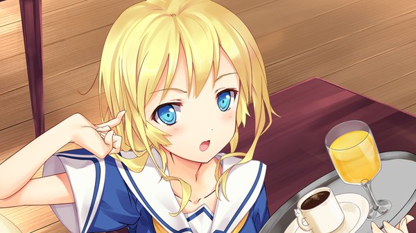 Anime picture 1024x576 with neko masshigura single long hair looking at viewer blush open mouth blue eyes blonde hair wide image game cg girl uniform sailor suit