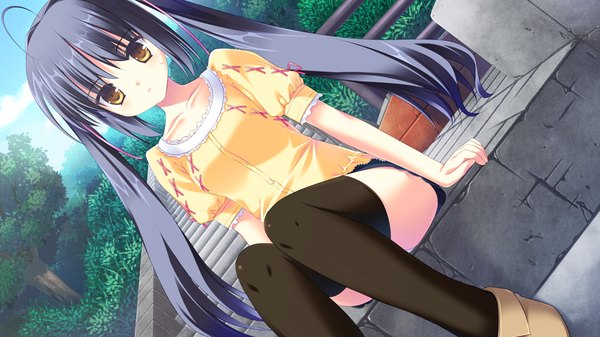 Anime picture 1024x576 with sugirly wish yusa kurumi rakko long hair black hair wide image twintails yellow eyes game cg loli pantyshot pantyshot sitting girl thighhighs underwear panties black thighhighs