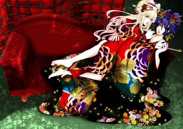 Anime picture 1000x708 with macross macross frontier sheryl nome saotome alto long hair blue eyes blonde hair blue hair traditional clothes japanese clothes barefoot no shoes couple hug reclining girl boy hair ornament kimono couch