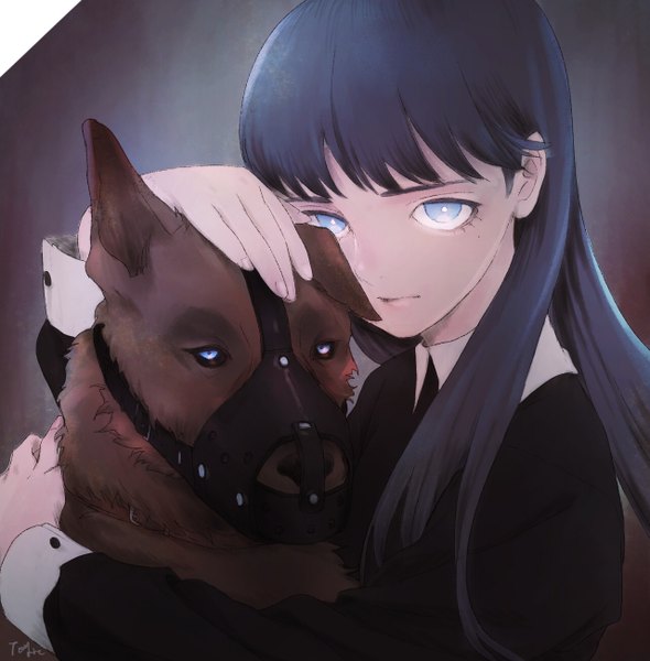 Anime picture 1280x1302 with original teyuruun single long hair tall image looking at viewer fringe blue eyes simple background signed blue hair mole hug mole under eye serious girl animal dog muzzle
