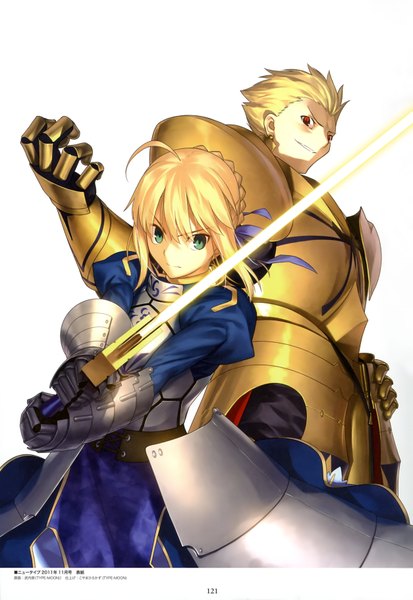 Anime picture 2505x3638 with fate (series) fate/stay night fate/zero studio deen type-moon artoria pendragon (all) saber gilgamesh (fate) takeuchi takashi tall image highres short hair open mouth blonde hair red eyes white background green eyes scan official art angry