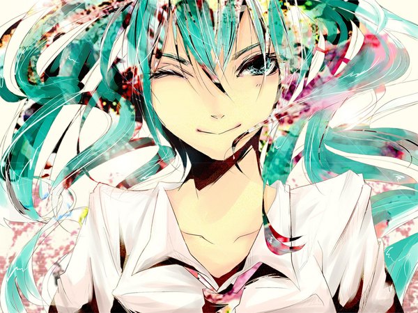 Anime picture 1000x750 with vocaloid hatsune miku single looking at viewer fringe simple background smile white background one eye closed aqua eyes wink aqua hair open clothes open shirt alternate costume girl shirt necktie