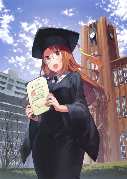 Anime picture 2489x3500 with original yasu single long hair tall image looking at viewer highres brown hair brown eyes sky cloud (clouds) scan official art girl glasses school