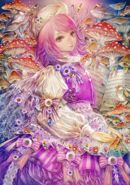 Anime picture 900x1273 with touhou letty whiterock yogisya single tall image looking at viewer short hair purple eyes purple hair lips alternate costume flying girl dress flower (flowers) bow hat animal bird (birds) book (books)