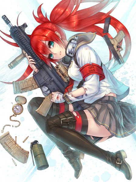 Anime picture 748x1000 with original 2d (artist) tall image blush holding green eyes ponytail red hair lying pleated skirt torn clothes on side torn skirt weapon serafuku boots gun blood thigh boots