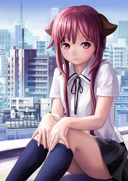 Anime picture 1500x2122 with original feigiap single long hair tall image looking at viewer red eyes sitting animal ears red hair cityscape girl skirt miniskirt shirt socks black socks