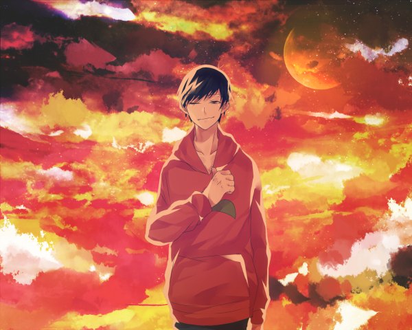 Anime picture 1200x960 with osomatsu-san matsuno osomatsu selloum single looking at viewer fringe short hair black hair smile red eyes standing sky cloud (clouds) ahoge one eye closed red background smirk boy hood moon