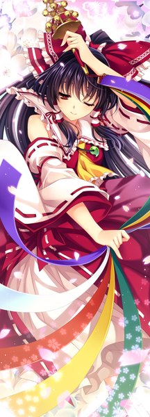 Anime picture 500x1386 with touhou hakurei reimu riv single long hair tall image looking at viewer black hair red eyes traditional clothes one eye closed wink miko girl bow hair bow detached sleeves petals pendant bell