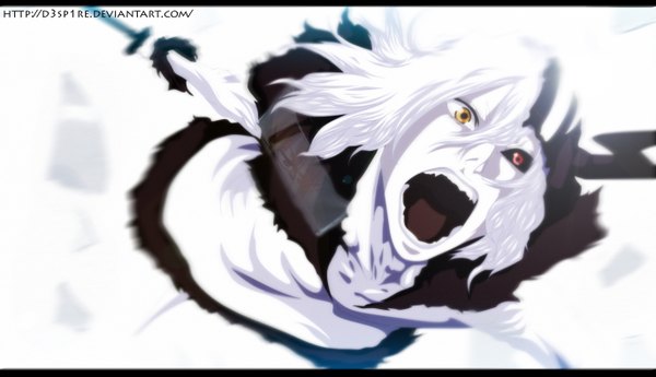 Anime picture 1372x789 with bleach studio pierrot zangetsu schwarrtz single long hair open mouth simple background red eyes wide image white background yellow eyes white hair heterochromia coloring reflection letterboxed angry screaming boy
