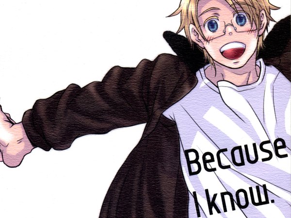 Anime picture 1600x1200 with axis powers hetalia studio deen america (hetalia) single looking at viewer blush short hair open mouth blue eyes simple background blonde hair smile white background upper body :d open jacket spread arms clothes writing boy glasses