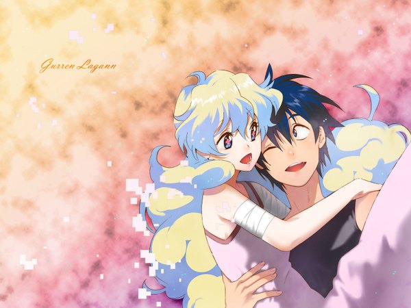 Anime picture 1600x1200 with tengen toppa gurren lagann gainax nia teppelin simon yukimitsuki long hair blush short hair open mouth blue eyes blue hair :d one eye closed multicolored hair wink inscription two-tone hair wallpaper couple hug