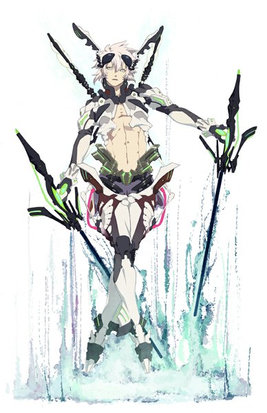 Anime picture 700x1082 with honya lala single tall image looking at viewer open mouth white background holding green eyes white hair open clothes bare belly alternate costume magic flying muscle glow mechanical cyberpunk boy weapon