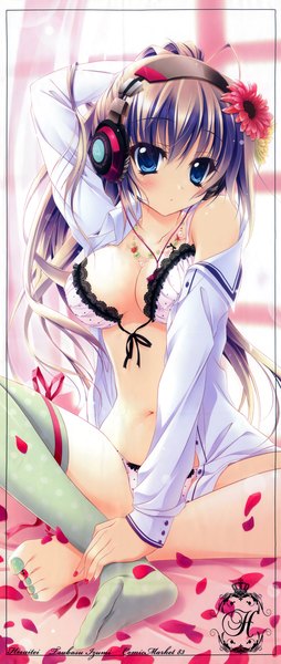 Anime picture 3034x7141 with izumi tsubasu hisuitei single long hair tall image blush highres blue eyes light erotic bare shoulders absurdres purple hair ponytail nail polish hair flower open clothes open shirt girl thighhighs navel