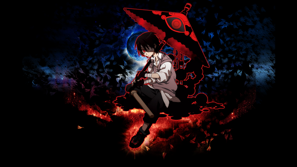 Anime picture 1920x1080 with eurunik single looking at viewer fringe highres short hair black hair red eyes wide image holding wallpaper dark background boy gloves shirt shoes white shirt umbrella bandage (bandages) oriental umbrella