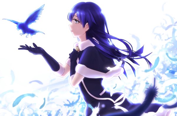 Anime picture 1769x1161 with idolmaster kisaragi chihaya ima (lm ew) single long hair highres open mouth blue eyes white background blue hair profile cute & girly (idolmaster) pastel marine (idolmaster) girl dress gloves animal black gloves bird (birds) feather (feathers)