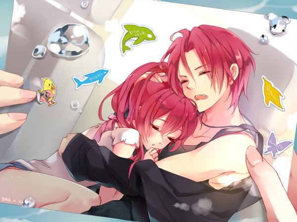 Anime picture 1200x900 with free! kyoto animation matsuoka rin matsuoka gou 041 long hair blush short hair open mouth bare shoulders pink hair eyes closed hug brother and sister girl boy bubble (bubbles)