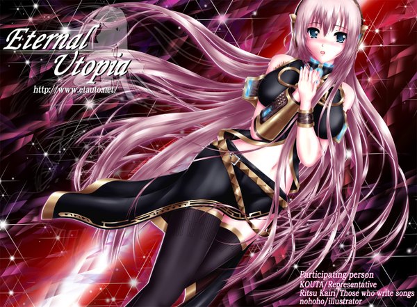 Anime picture 1340x986 with vocaloid megurine luka nohoho (kakikonchi) single long hair blush open mouth blue eyes bare shoulders pink hair midriff girl thighhighs navel black thighhighs headphones