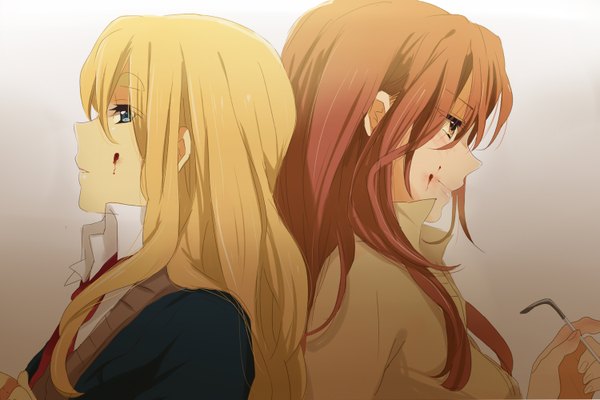 Anime picture 1500x1000 with k-on! kyoto animation kotobuki tsumugi yamanaka sawako long hair blonde hair white background multiple girls girl 2 girls glasses blood