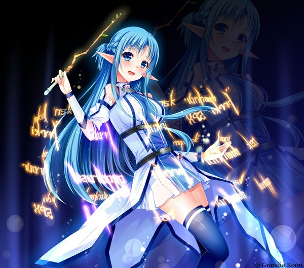 Anime picture 909x800 with sword art online a-1 pictures yuuki asuna asuna (sao-alo) grandia bing single long hair blush open mouth blue eyes smile blue hair pleated skirt pointy ears zoom layer girl thighhighs dress skirt black thighhighs