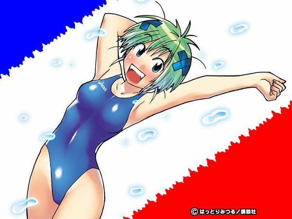 Anime picture 1024x768 with kenkou zenrakei suieibu umishou ninagawa amuro single short hair blue eyes light erotic green hair girl swimsuit competition swimsuit