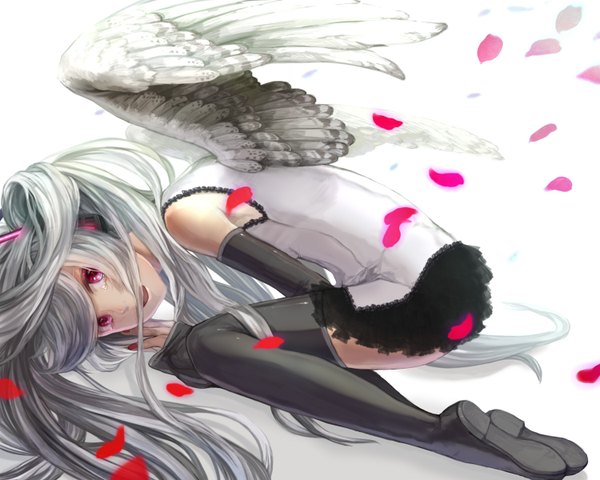 Anime picture 1500x1200 with vocaloid albino (vocaloid) hatsune miku rowya single long hair simple background red eyes white background twintails aqua hair girl thighhighs skirt detached sleeves petals wings thigh boots