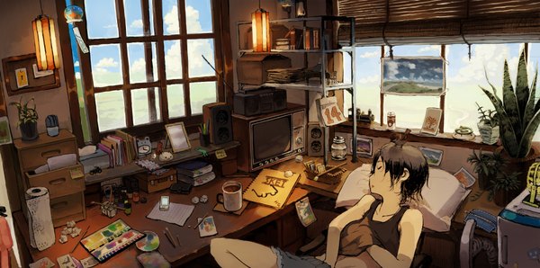 Anime picture 2000x996 with original hatsuga (dmaigmai) highres short hair open mouth black hair wide image eyes closed sleeveless hand on chest saliva sleeping messy room girl skirt plant (plants) animal glasses window pillow