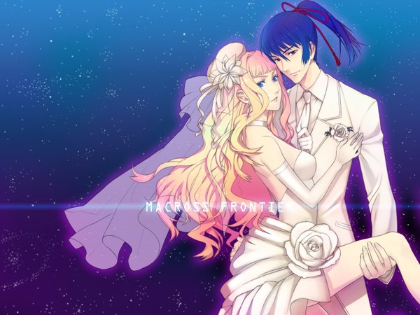 Anime picture 1600x1200 with macross macross frontier sheryl nome saotome alto chimachi highres couple formal wedding dress suit veil