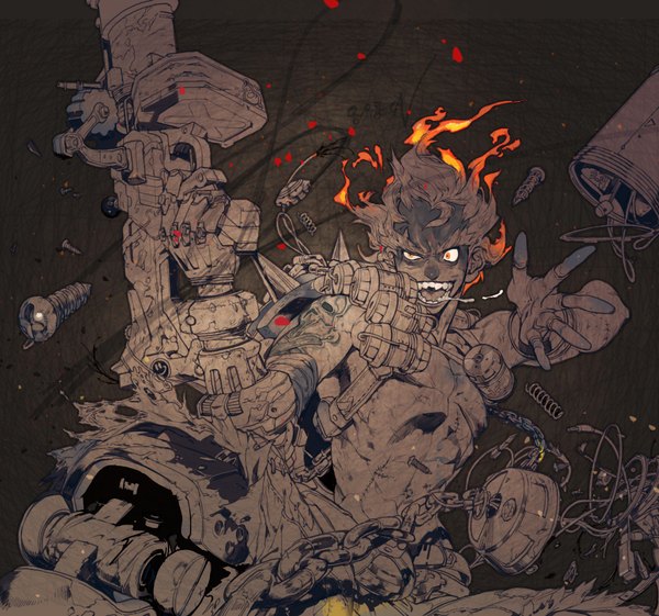 Anime picture 1916x1794 with overwatch blizzard entertainment junkrat (overwatch) single highres short hair open mouth smile looking away bent knee (knees) teeth bare belly from below tattoo torn clothes monochrome eyebrows saliva fighting stance mechanical