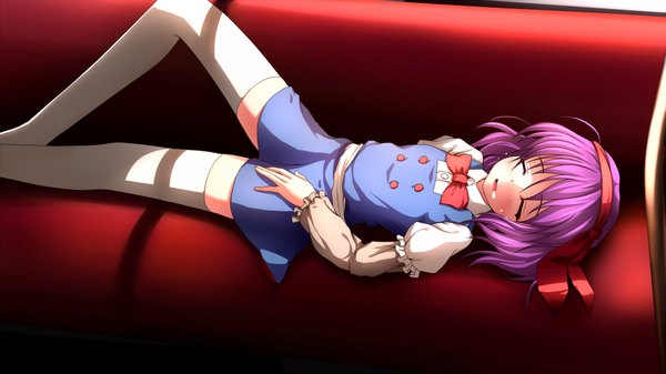 Anime picture 1920x1080 with mille (dieci) blush highres short hair wide image purple hair lying eyes closed sleeping girl thighhighs white thighhighs couch