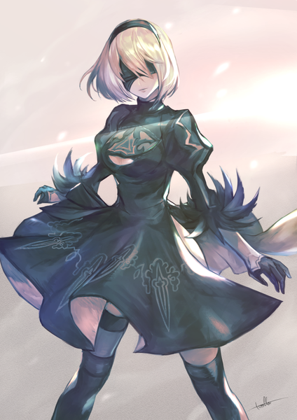 Anime picture 744x1052 with nier nier:automata yorha no. 2 type b xxx-ff single tall image fringe short hair light erotic standing signed cleavage silver hair outdoors long sleeves head tilt wind puffy sleeves side slit cleavage cutout