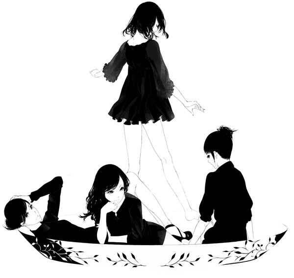 Anime picture 1200x1135 with original sousou (sousouworks) long hair looking at viewer short hair black hair simple background white background sitting multiple girls looking away lying eyes closed barefoot arm support bare legs grey eyes hair bun (hair buns) monochrome hand on head