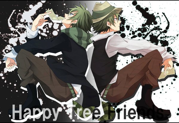Anime picture 1247x858 with happy tree friends shifty lifty tou garashi short hair sitting green eyes profile green hair inscription multiple boys wallpaper back to back personification boy hat scarf 2 boys