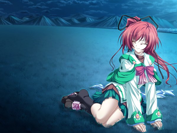 Anime picture 1600x1200 with magus tale whirlpool (studio) seera finis victoria tenmaso single long hair blush sitting game cg ponytail red hair eyes closed night side ponytail mountain girl uniform ribbon (ribbons) hair ribbon school uniform
