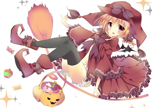 Anime picture 1062x752 with original umino mizu single blush short hair blonde hair purple eyes sparkle halloween witch girl thighhighs dress black thighhighs hat wings food frills sweets broom