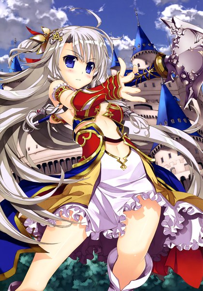 Anime picture 2868x4097 with fujima takuya single long hair tall image blush highres blue eyes looking away white hair official art girl dress hair ornament weapon castle