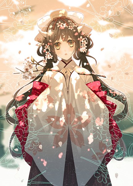 Anime picture 719x1000 with original hanamura mai single long hair tall image looking at viewer blush open mouth brown hair standing holding yellow eyes traditional clothes head tilt japanese clothes horn (horns) wide sleeves :o surprised girl