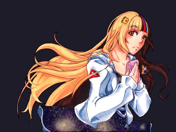 Anime picture 1200x900 with vocaloid galaco single long hair blonde hair brown hair brown eyes multicolored hair streaked hair dark background girl dress jacket crown phone