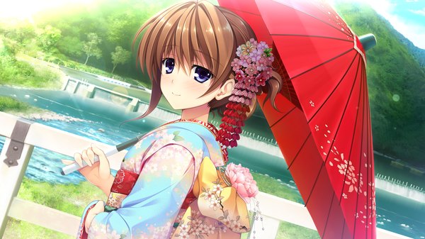 Anime picture 2194x1234 with pretty x cation 2 hibiki works hayase chitose single looking at viewer blush highres blue eyes brown hair wide image game cg traditional clothes japanese clothes hair flower alternate hairstyle hair up girl hair ornament flower (flowers) kimono