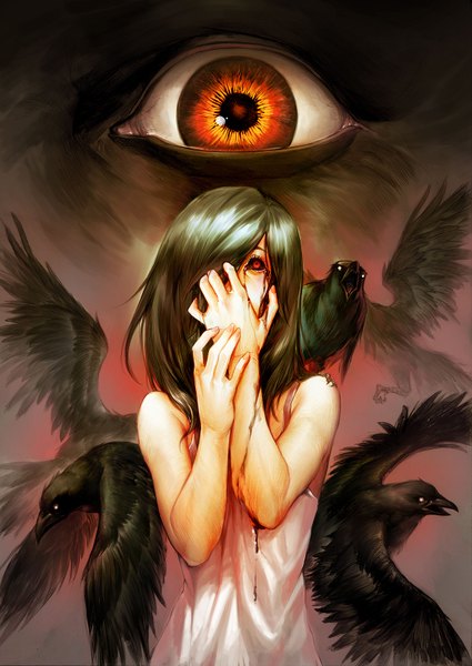 Anime picture 1133x1600 with original asuka111 single tall image looking at viewer fringe short hair black hair red eyes bare shoulders hair over one eye sleeveless eyes animal on shoulder bird on shoulder girl animal bird (birds) blood crow