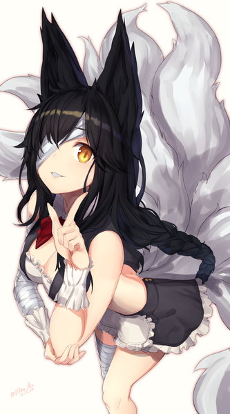 Anime picture 1518x2734 with league of legends ahri (league of legends) ato (haru ato) long hair tall image looking at viewer light erotic black hair simple background smile white background signed animal ears yellow eyes tail braid (braids) parted lips animal tail maid leaning