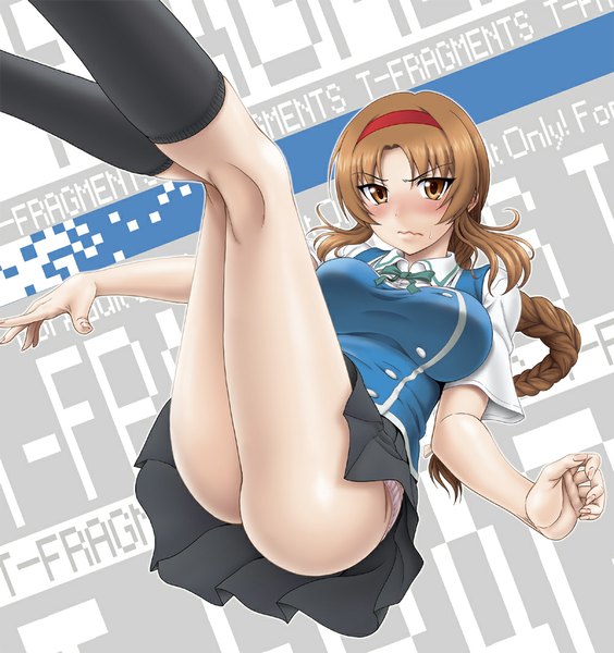Anime picture 1000x1064 with d-frag! brains base (studio) takao (d-frag!) misnon the great single long hair tall image looking at viewer blush breasts light erotic brown hair large breasts brown eyes ass braid (braids) pantyshot girl skirt uniform