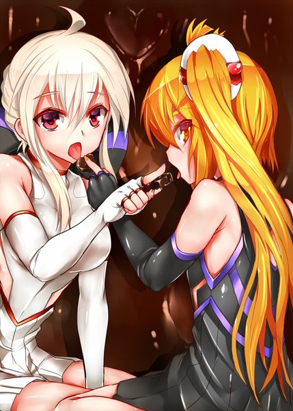 Anime picture 1240x1734 with vocaloid yowane haku akita neru tadano magu long hair tall image open mouth blonde hair red eyes multiple girls ahoge white hair ponytail side ponytail shoujo ai valentine girl gloves hair ornament 2 girls