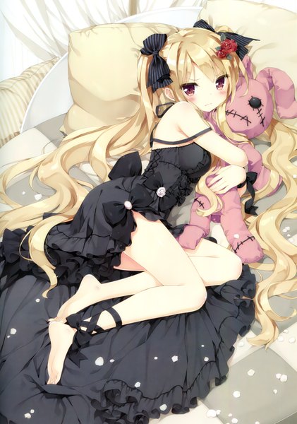 Anime picture 2135x3042 with kani biimu single long hair tall image looking at viewer blush highres blonde hair pink eyes scan bare legs girl dress bow hair bow pillow toy stuffed animal stuffed rabbit