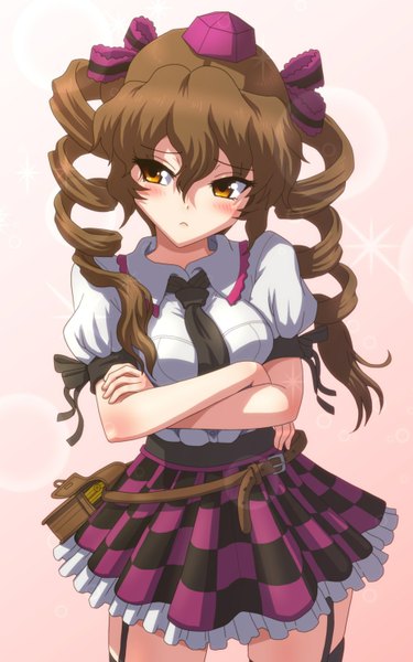 Anime picture 934x1494 with touhou himekaidou hatate kezune (i- -i) single long hair tall image blush brown hair twintails brown eyes crossed arms checkered skirt girl dress skirt bow hair bow hat garter straps