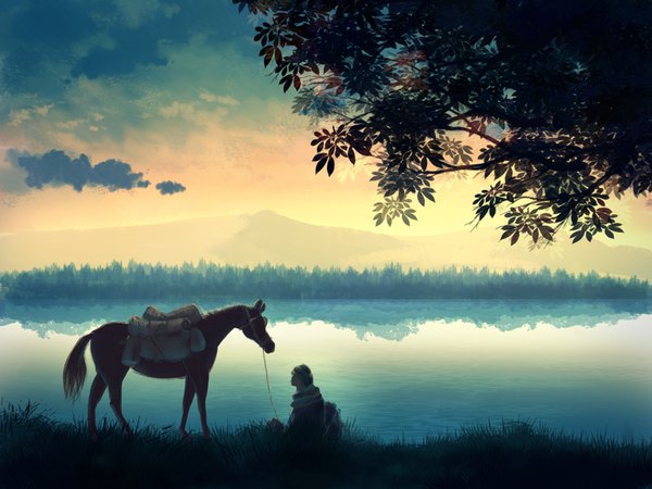 Anime picture 1600x1200 with original aratascape sitting sky cloud (clouds) outdoors reflection horizon landscape fog lake girl plant (plants) animal tree (trees) horse