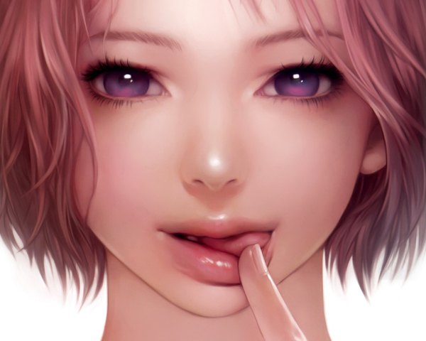 Anime picture 2560x2048 with original megami fetish - girls drawn by girls (artbook) airspace (artist) single highres short hair open mouth smile purple eyes pink hair lips realistic finger to mouth face ^ ^ girl tongue