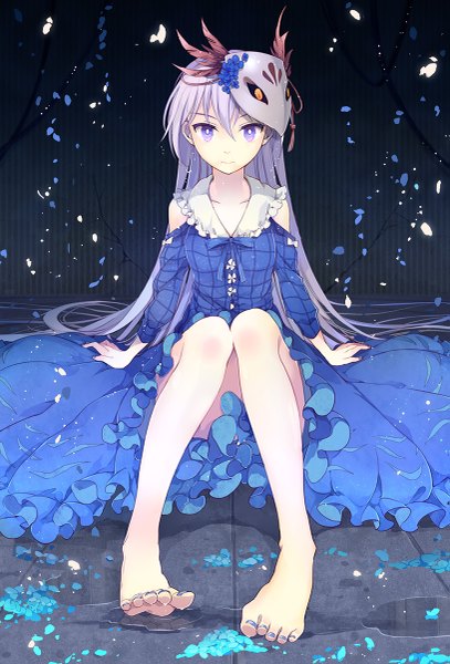 Anime picture 815x1200 with touhou hata no kokoro yetworldview kaze single long hair tall image looking at viewer fringe sitting purple eyes yellow eyes purple hair bent knee (knees) nail polish barefoot light smile bare legs no shoes mask on head blue nail polish
